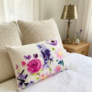 Linen Watercolor Botanical Lumbar Accent Throw Pillow Pink Purple Cottagecore